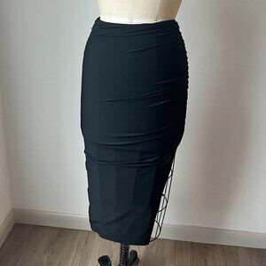 Sculpting Black Lycra Midi Skirt w/ Side Ruching + Slit | 30” Length